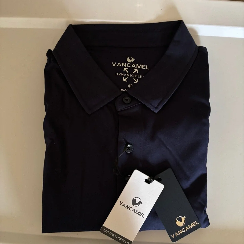 Vancamel Men's Flex Polo Work Shirt NWT XL Long Sleeve Navy Cotton